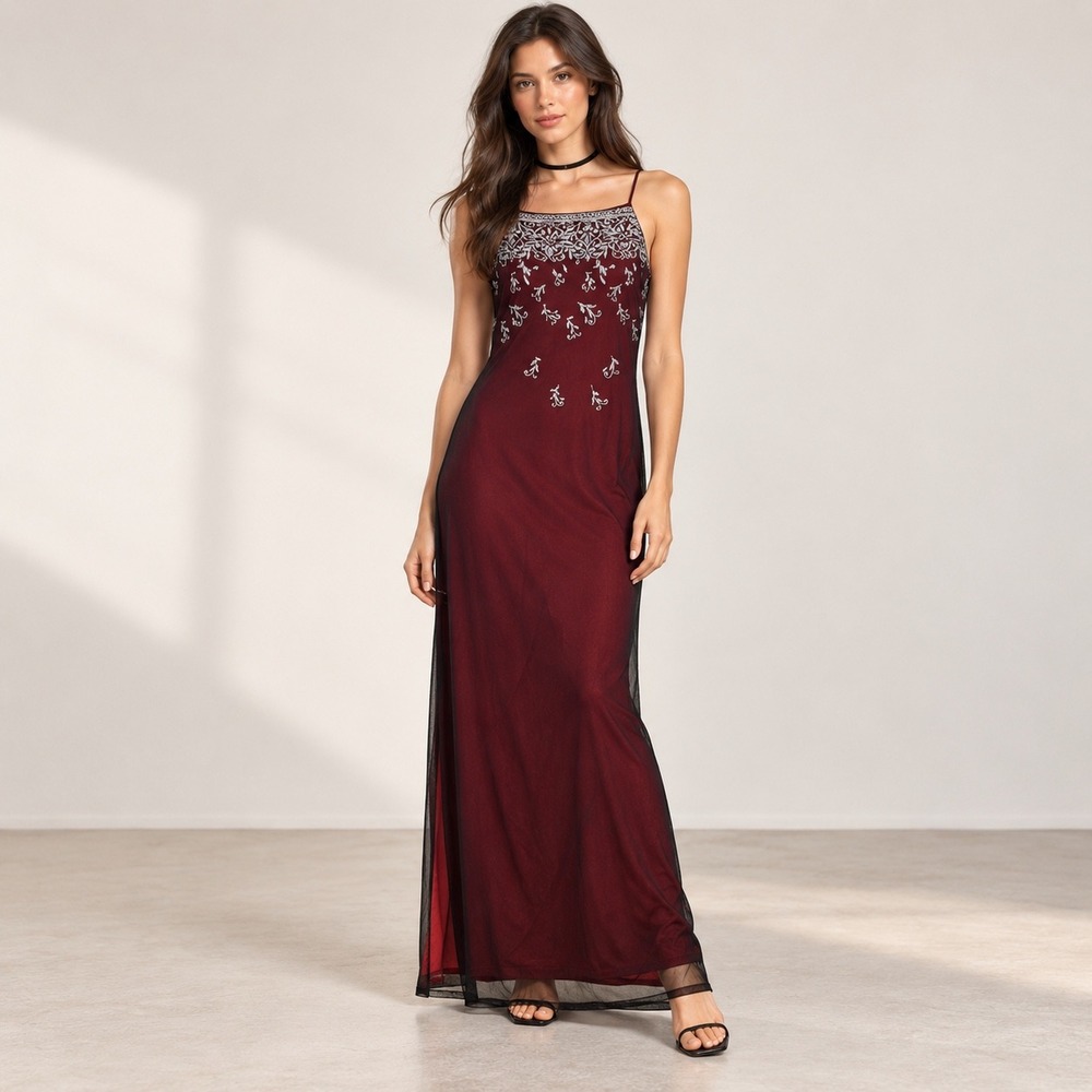 Vintage Y2K Burgundy Maxi Dress Silver Glitter Damask Homecoming Evening Dress